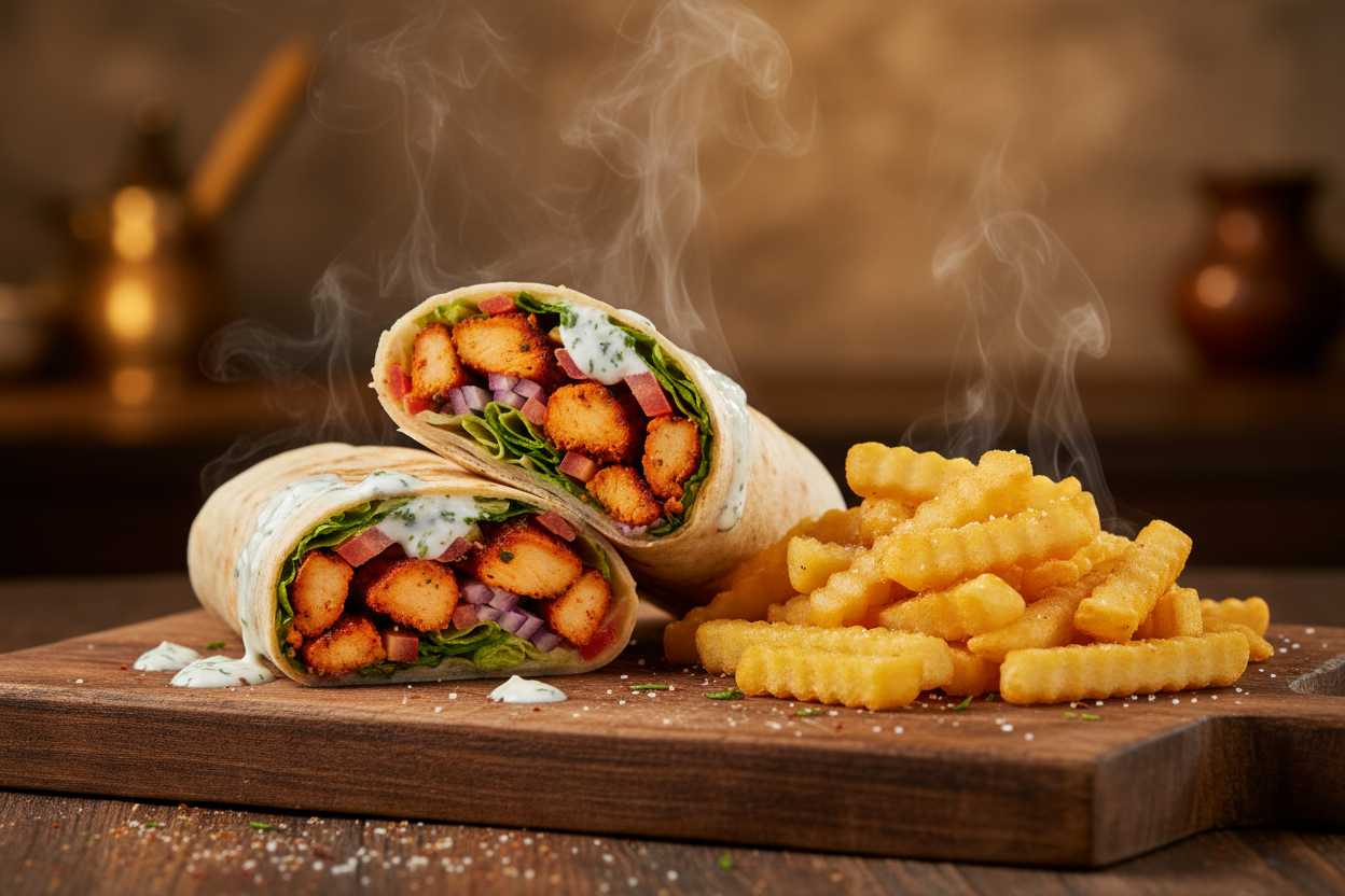 Tikka Shawarma w/ Fries Spiced chicken wrap with fries make two different pictures