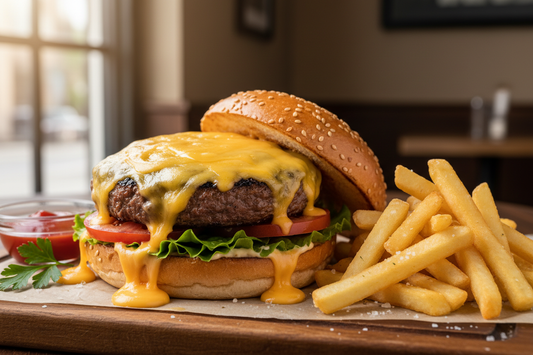 Cheeseburger w/ Fries Juicy beef burger topped with cheese and fries