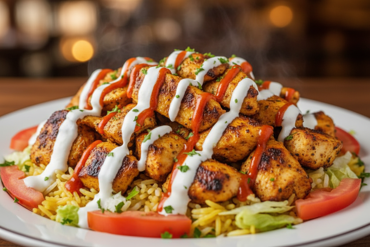 Gyro Chicken Over Rice Seasoned chicken over yellow rice with sauce